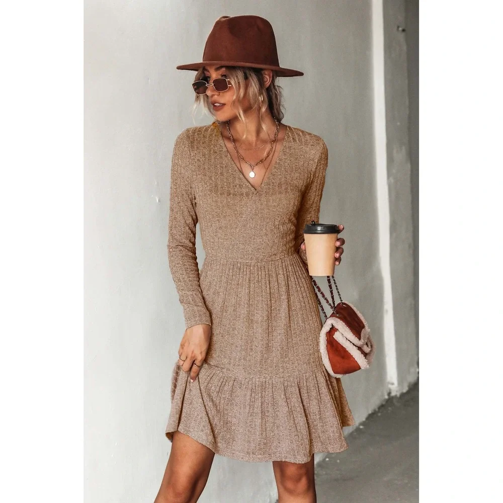 Cupshe Tan Brown Ribbed Knit V-Neck Tiered Ruffle Mini Dress XL - Picture 1 of 7